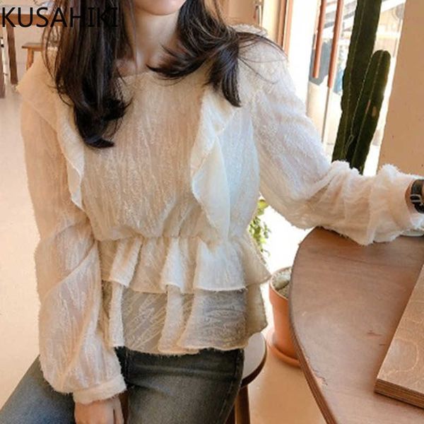 

womens korean chiffon tassel ruffle shirt causal flare sleeve o-neck blouse spring slim waist blusas 6f919 210603, White