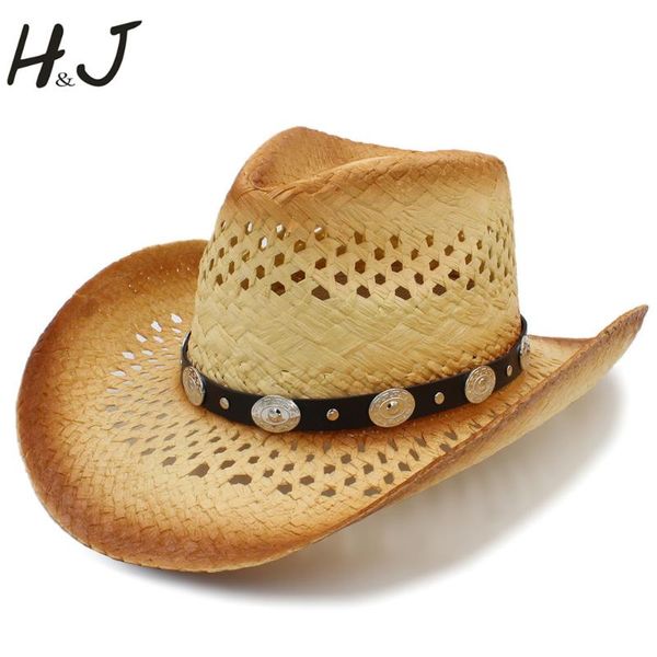 

stingy brim hats 100% strtaw women men western sun hat with punk band for lady beach sombrero cowboy size 58cm a0020, Blue;gray