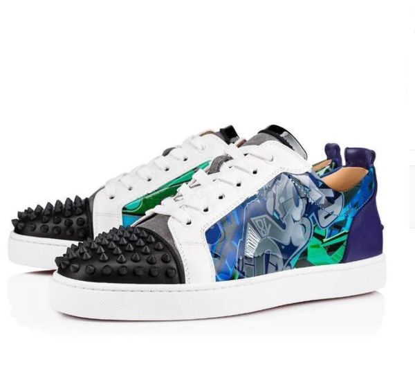 

2021 european fashion men's low trend handmade shoes red solel homme sneaker willow stud leather graffiti casual sneakers outdoor walki, Red;white