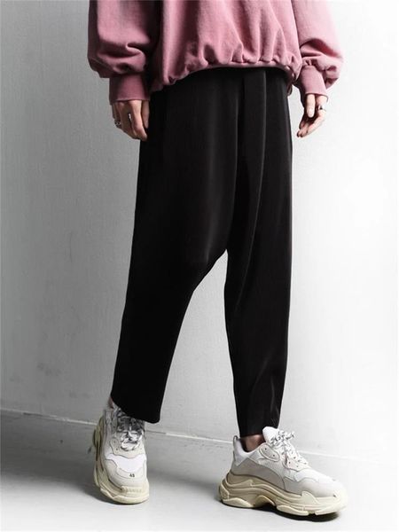 

men's pants men spring and autumn fashion trend hip hop casual 100 pleated loose low crotch harlan, Black