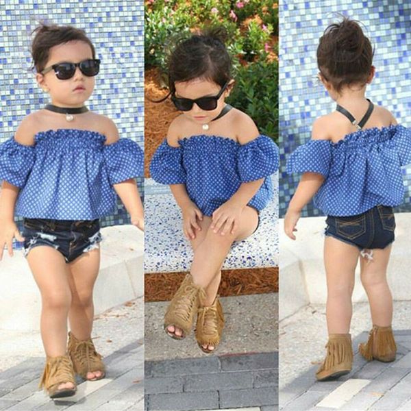 

1-6 years baby girls outfits set blue sleeveless off shoulder girls polka dot shirt girl suit short jeans set children suit, White