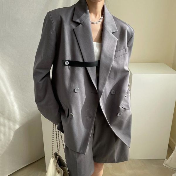 

women's tracksuits vanovich korean style women short sets temperament double-breasted long-sleeved suit jacket high waist wide-leg shor, Gray