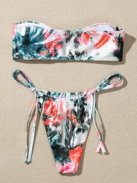 

women's swimwear floral & plant print bandeau thong bikini swimsuit, White;black