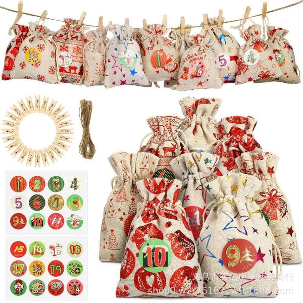 

gift wrap 24pcs/set christmas bag linen drawstring pocket bronzing halloween bundle digital calendar sticker candy clip rope set