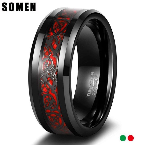 

wedding rings somen tungsten black ring for men celtic dragon inlay red/green 8mm mens bands male comfort fit size 7-13, Slivery;golden