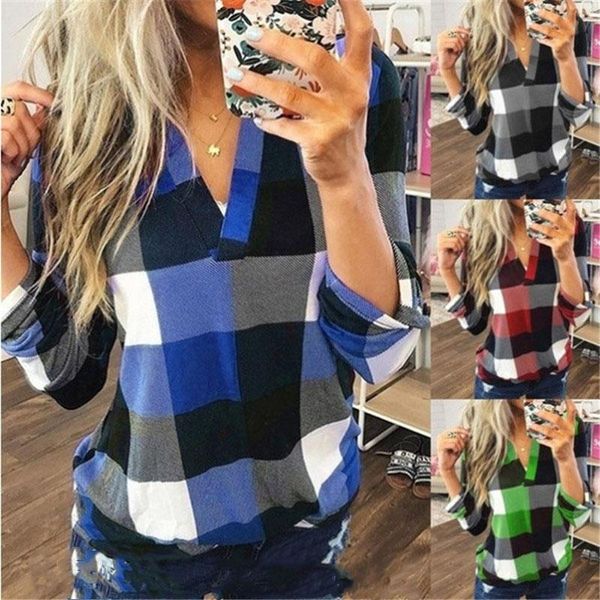 

women's t-shirt 2021 fashion lattice print plus size t shirt spring autum casual deep v neck long sleeve female shirts basic, White
