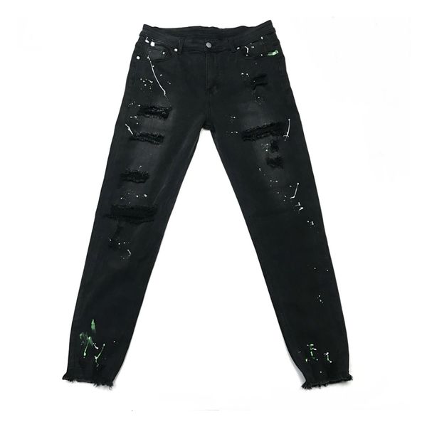 

jeans black ny fit stretch jeans ripped holes multicolor print streetwear, Blue