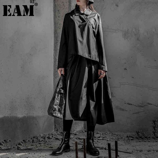 

[eam] women black irregular big size long shirt dress lapel long sleeve loose fit fashion spring autumn 1dd6205 21512, Black;gray