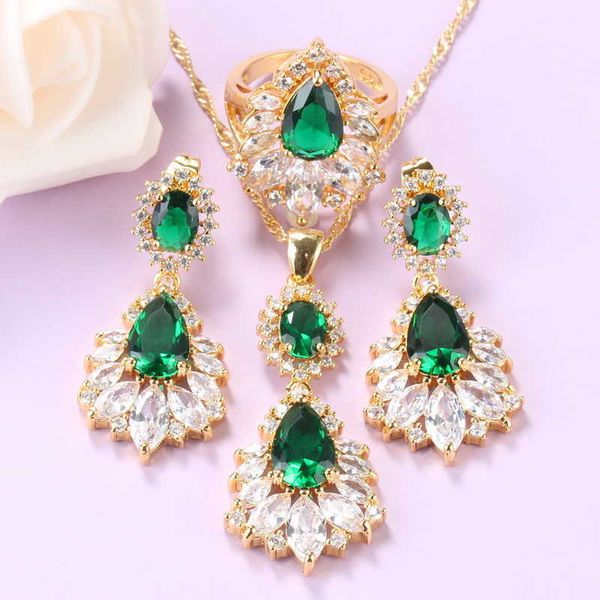 Costume da sposa turco Set di gioielli grandi color oro verde zirconi orecchini lunghi pendente e collana anello set di 3 pezzi H1022