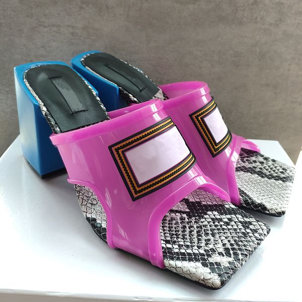 

women pvc snakeskin sandals slides mid-heel high heels sandal transparent chunky slipper square toe thick slippers flip flops us 11 with box, Black