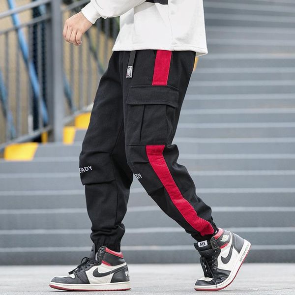 

men's pants european and american hip-hop stitching street trend small foot tooling casual fattening oversized leggings, Black