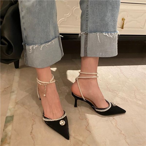 

female shoes string bead thin heels cover toe heeled mules ladies' slippers luxury slides jelly flip flops 2021 high designer, Black
