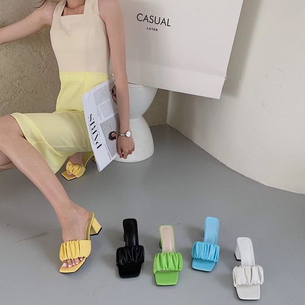 

sandals open toe women slippers square high heels pumps colorful ladies slides flip flops slip on mules summer dress shoes woman o08w, Black