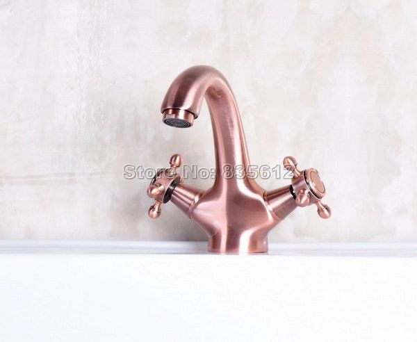 

bathroom sink faucets antique red copper dual handles basin mixer tap / vessel faucet gooseneck style wnf252