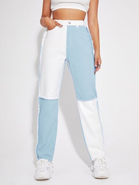 

two tone high waisted raw trim straight jeans 778k#, Blue