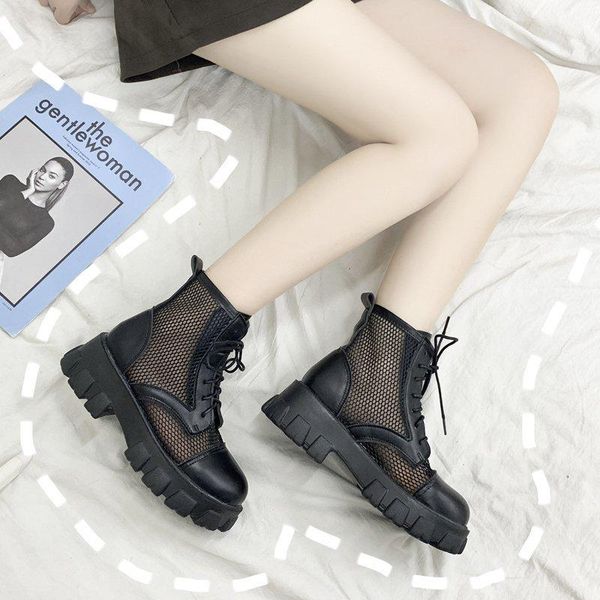 

boots female british wind thin hollow out thick gauze breathable bottom 2021 summer cool network short, Black