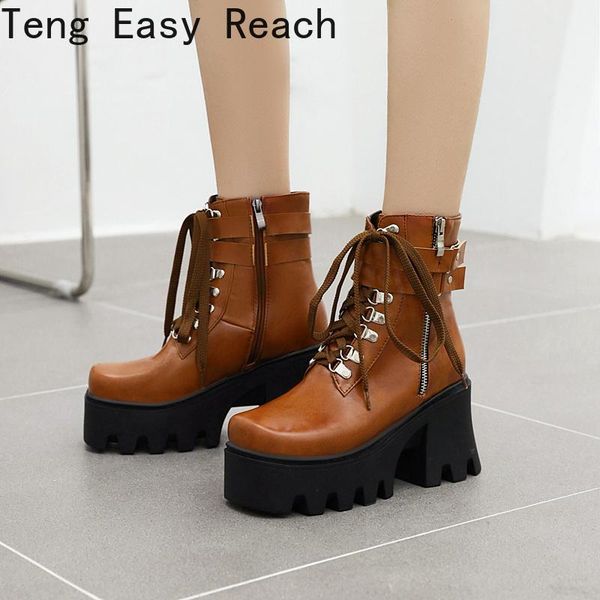 

boots platform round toe short booties high heel lace-up buckle ankle winter biker boot motorcycle bottes 41, Black