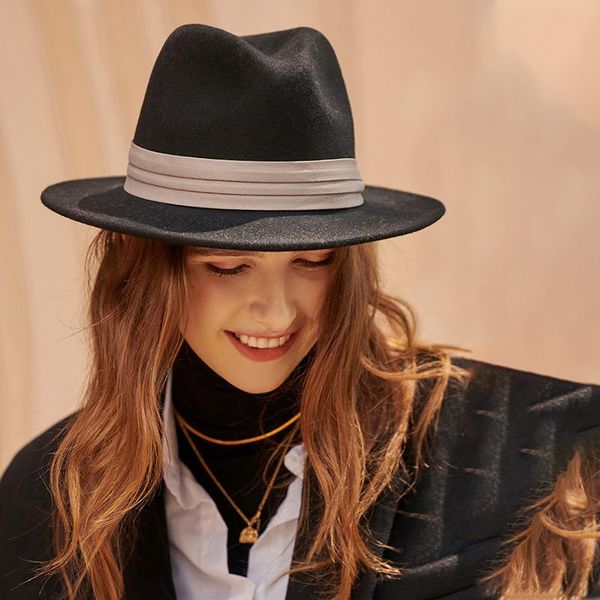 

wide brim hats light luxury lay winter woolen fedoras hat for women fashion solid color noble wool chapeu feminino wedding, Blue;gray