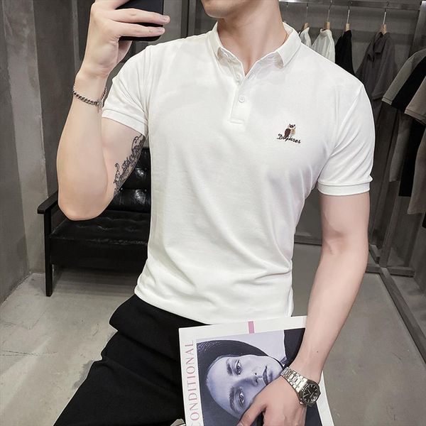 

summer embroidery logo shirts mens polos casual slim business tee lapel short sleeve solid color streetwear male clothes, White;black