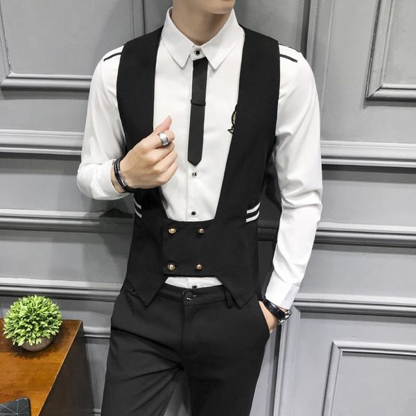 

men's vests 2021 suit vest trend slim double-breasted stitching printing nightclub bar salesperson waiter men, Black;white