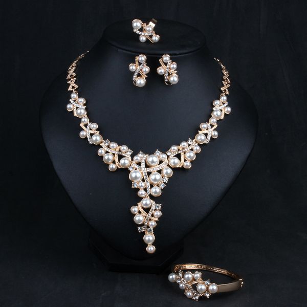 

jewelry set decorative necklace short clavicle chain earrings bracelet ring four piece fashion personality versatile crystal dress accessori, Slivery;golden