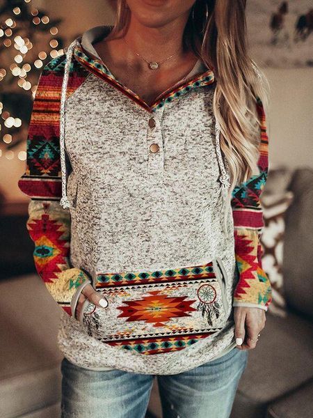 

women's hoodies & sweatshirts 2021 autumn collection women clothing tribal patternprint pocket front sweatershirt, Black