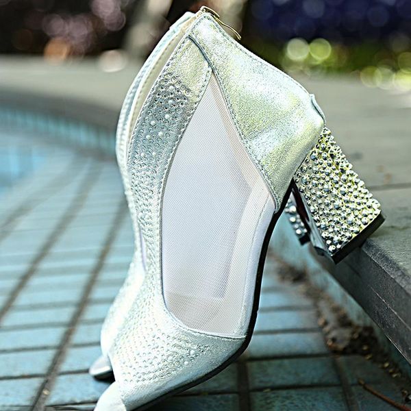 

peep toe gladiator sandals women bling high heels diamond summer square heel feminina shoes wedding mesh sandalia mujer, Black
