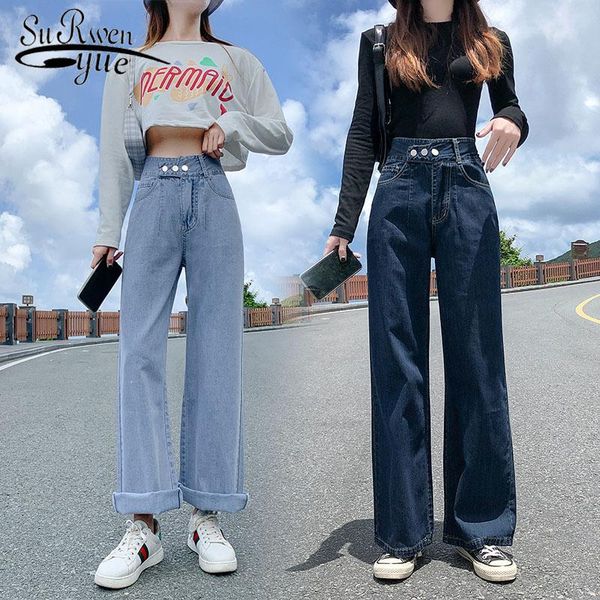 

women's jeans high waist fashion women loose autumn wide leg denim trousers casual slim chic clothing all-match with pocket 10737, Blue