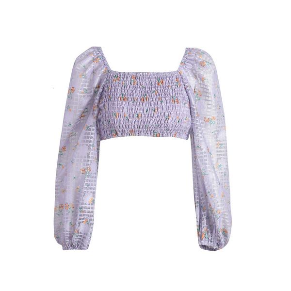 

women's blouses & shirts holiday cute crop chiffion blouse lantern sleeve sunscreen square collar plaid shirt women backless brand clot, White