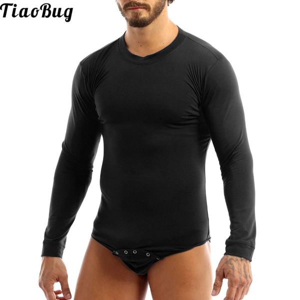 Costumi da bagno da uomo TiaoBug Estate Uomo Adulti Costume intero da nuoto Lingerie Girocollo Maniche lunghe T-shirt con cavallo a pressione Pagliaccetto Pigiama