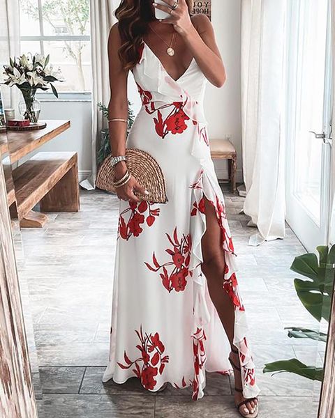 

casual dresses summer women floral print maxi high slit dress 2022 femme elegant ruffles v-neck sleeveless overalls office lady outfits, Black;gray