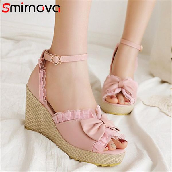 

dress shoes smirnova 2021 pink sweet party wedding women sandals bowknot buckle peep toe summer wedges platform woman, Black