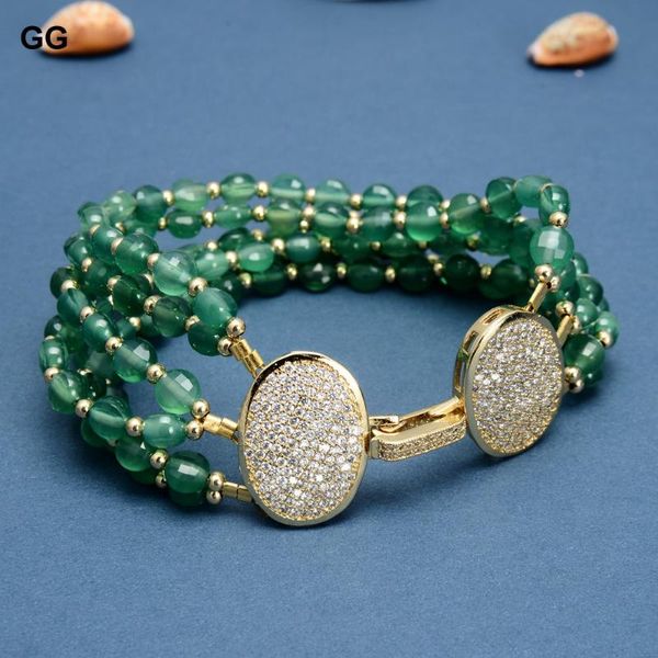 

guaiguai jewelry natural 6 strands faceted coin shape green agate bracelet cubic zirconia pave clasp 8.5" ethnic style beaded,, Black
