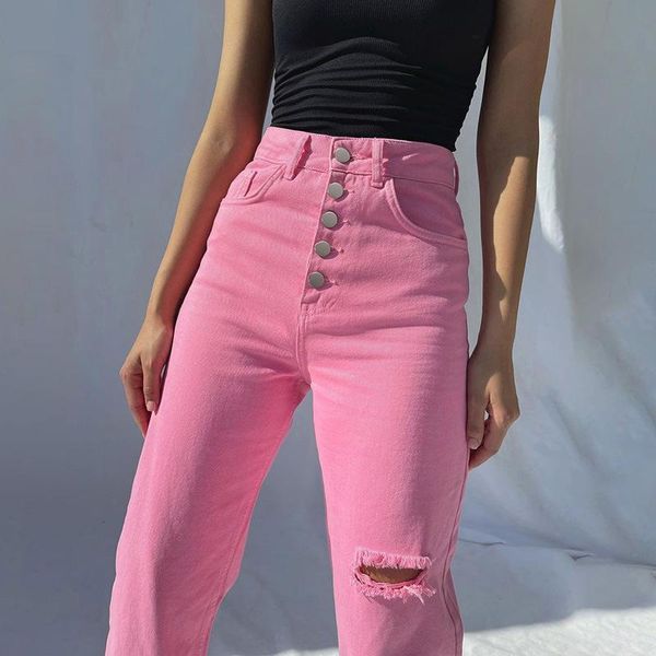 

women's pants & capris high waist ripped jeans spring and autumn style pink casual fashion trousers straight wide-leg button, Black;white