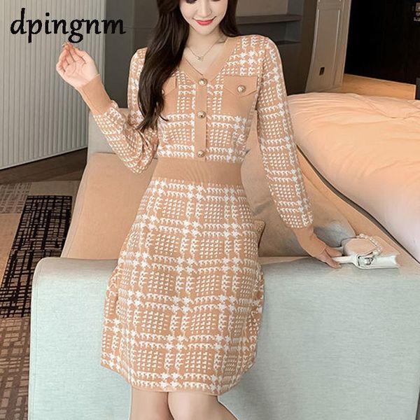 

casual dresses plus size women dress houn dstooth 2021 autumn big office female large v-neck tunic, Black;gray