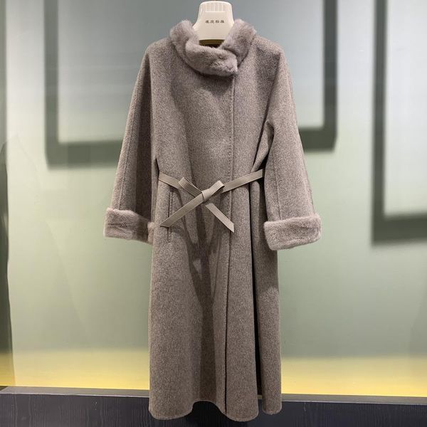 

women's wool & blends autumn and winter christmas luxury ladies stand-up collar long lamb real coat with natural cuff d033, Black