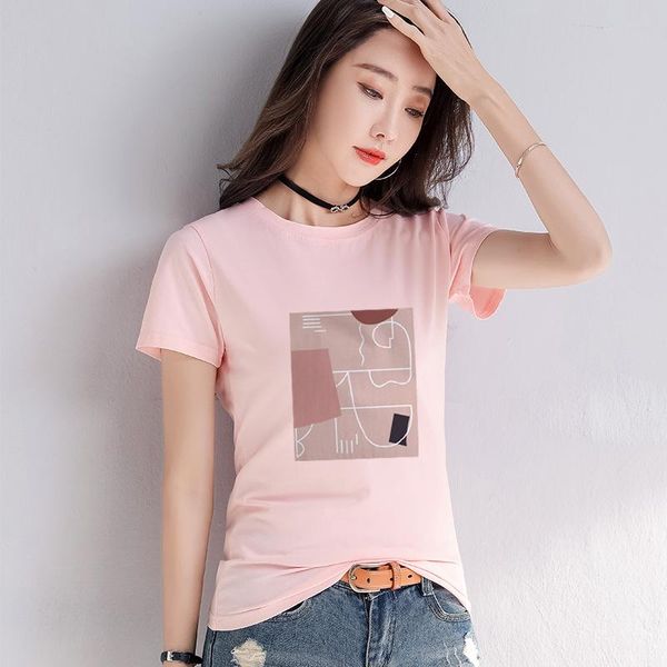 

women's t-shirt 2021 summer temperament commuter cotton pullover print deep v loose round neck pink short sleeve couple, White