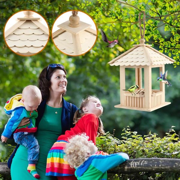 

1pcs wooden bird feeder hanging for garden yard decoration hexagon shaped with roof outdoor nest pet supplies cages