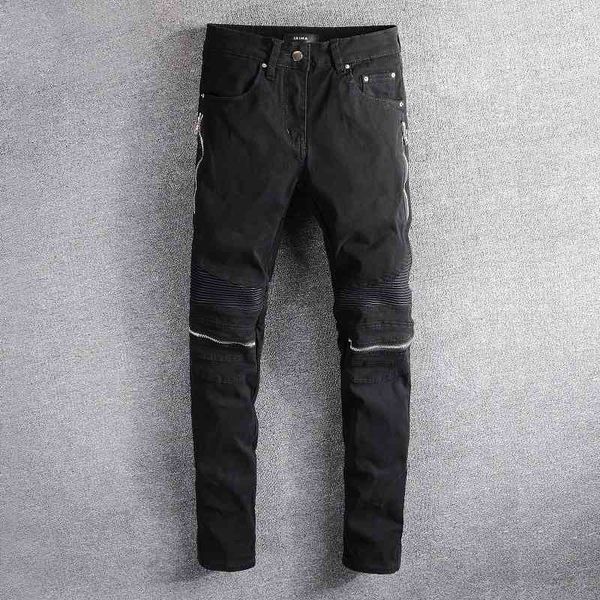 

am 627 winter autumn and high street jeans men's fashion brand locomotive black fold slim elastic, Blue