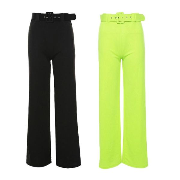 

women mid rise slim wide leg straight pants neon solid color waist belt trousers, Black;white