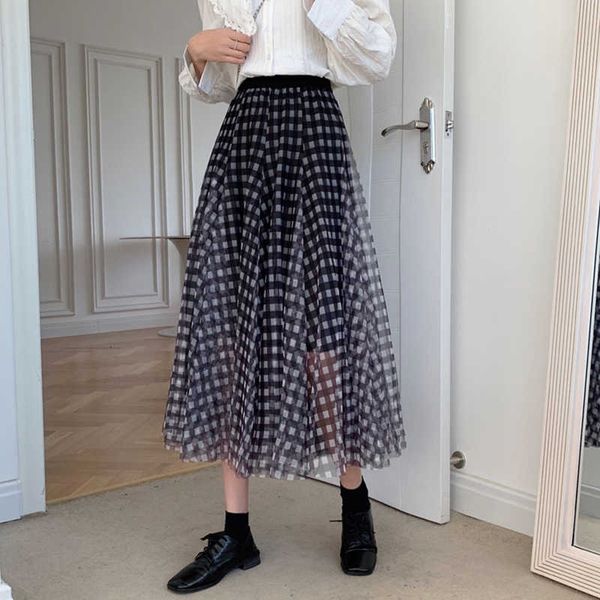 

skirts plaid mesh women elastic waist long midi a-line spring summer vintage harajuku loose office lady casual z139 t9nl, Black