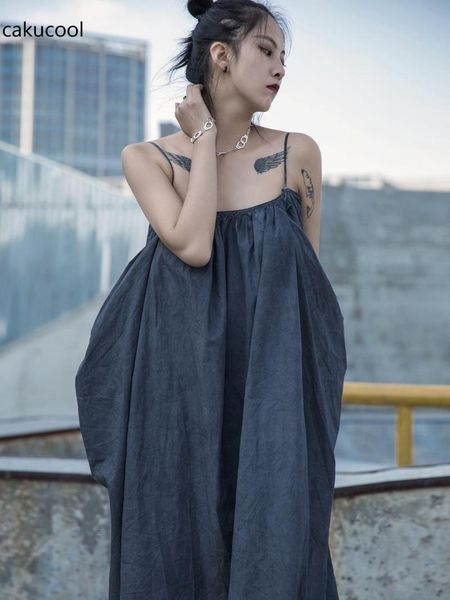 

cakucool 2021 fashionable female dress summer sleeveless sling big pocket casual loose street large size dresses, Black;gray