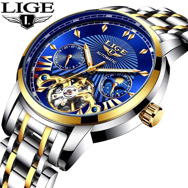 

wristwatches lige tourbillon men mechanical watches luxury fashion stainless steel 30 meters waterproof watch for relojes hombre 2021, Slivery;brown