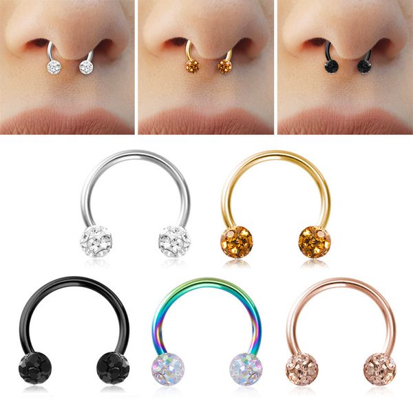 

crystal septum piercing nose ring hoop cartilage earring lip stud circular barbell ear tragus helix horseshoe jewelry, Silver