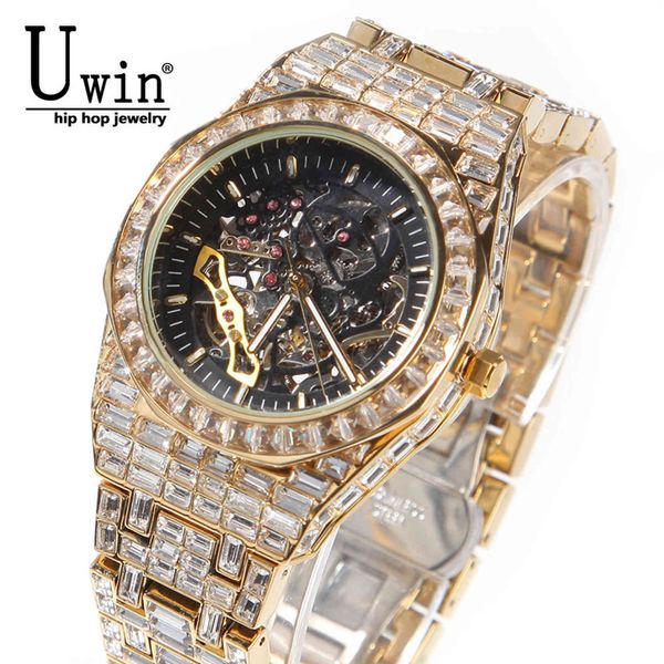 

uwin fully mechanical watch stainless steel waterproof full iced out minimalist diamond classic designer watches for male, Slivery;brown