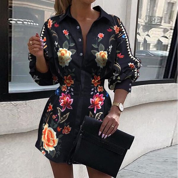 

20212021 autumn long sleeve button mini dress fashion turn-down collar office lady shirt dress women elegant chain print party dress, Black;gray