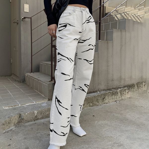 

2021grey brown aesthetic high waist womens straight jeans harajuku baggy tie dye print casual mom denim trouser streetwear iamy, Blue