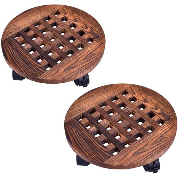 

inch rolling wooden planter caddy potted plant stand with wheels round flower pot rack indoor trolley planters & pots