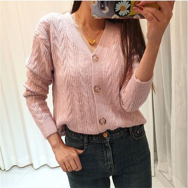 

women's knits & tees winter sweater women v neck long sleeve pink knitted cardigan single breasted knit vintage outwear ladies woman, White