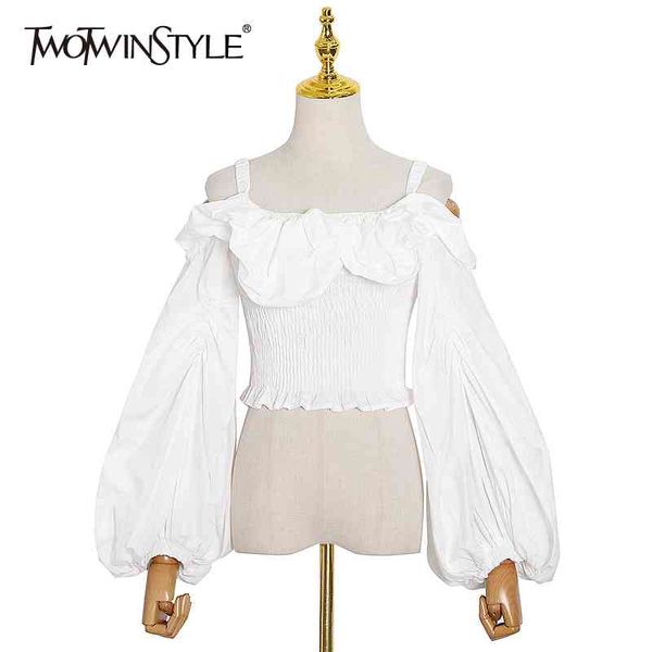 

elegant patchwork ruffle shirt for women squre collar lantern sleeve tunic chiffon blouse female fashion style 210524, White